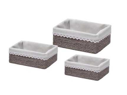 CAJONERAS DE TIRAS DE RAFIA GRIS C/ TELA BLANCA 39x28x16