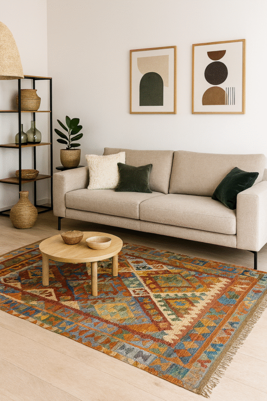 3. Kilim afgán boho estilo – alfombra de lana natural tejida a mano para salón o dormitorio