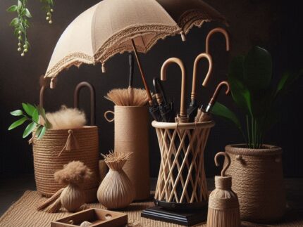 A collection of woven decorative items including an umbrella, baskets, and various accessories arranged on a textured surface.